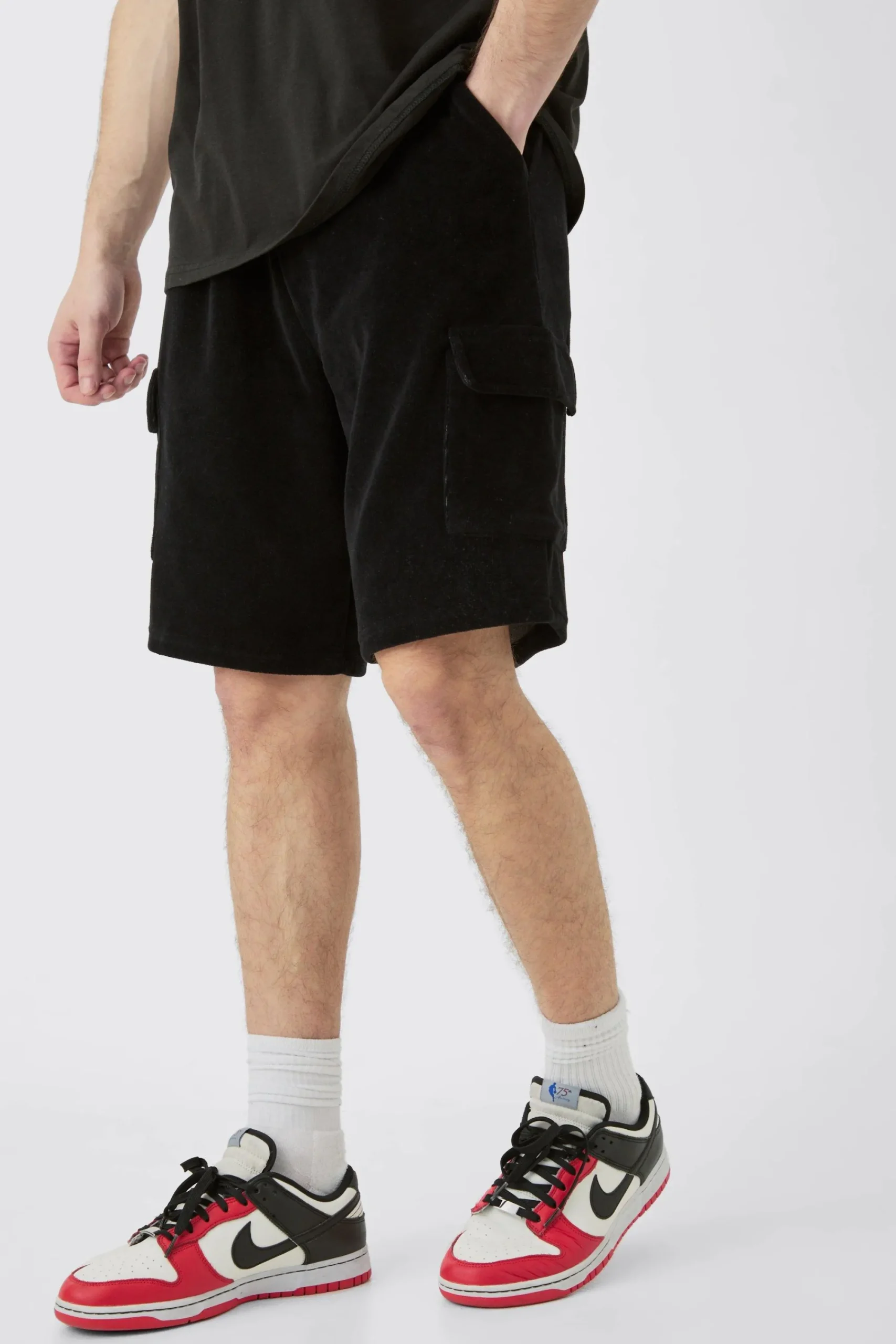 boohooMAN Tall Elasticated Waist Velour Cargo Shorts | UK| Shorts