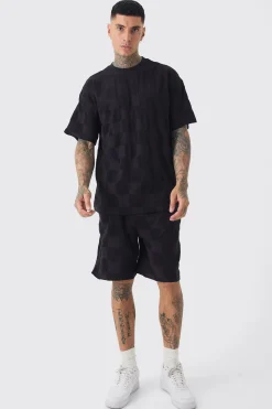 boohooMAN Tall Embossed Checkered Towelling Tee & Short Set In | UK| Tracksuits