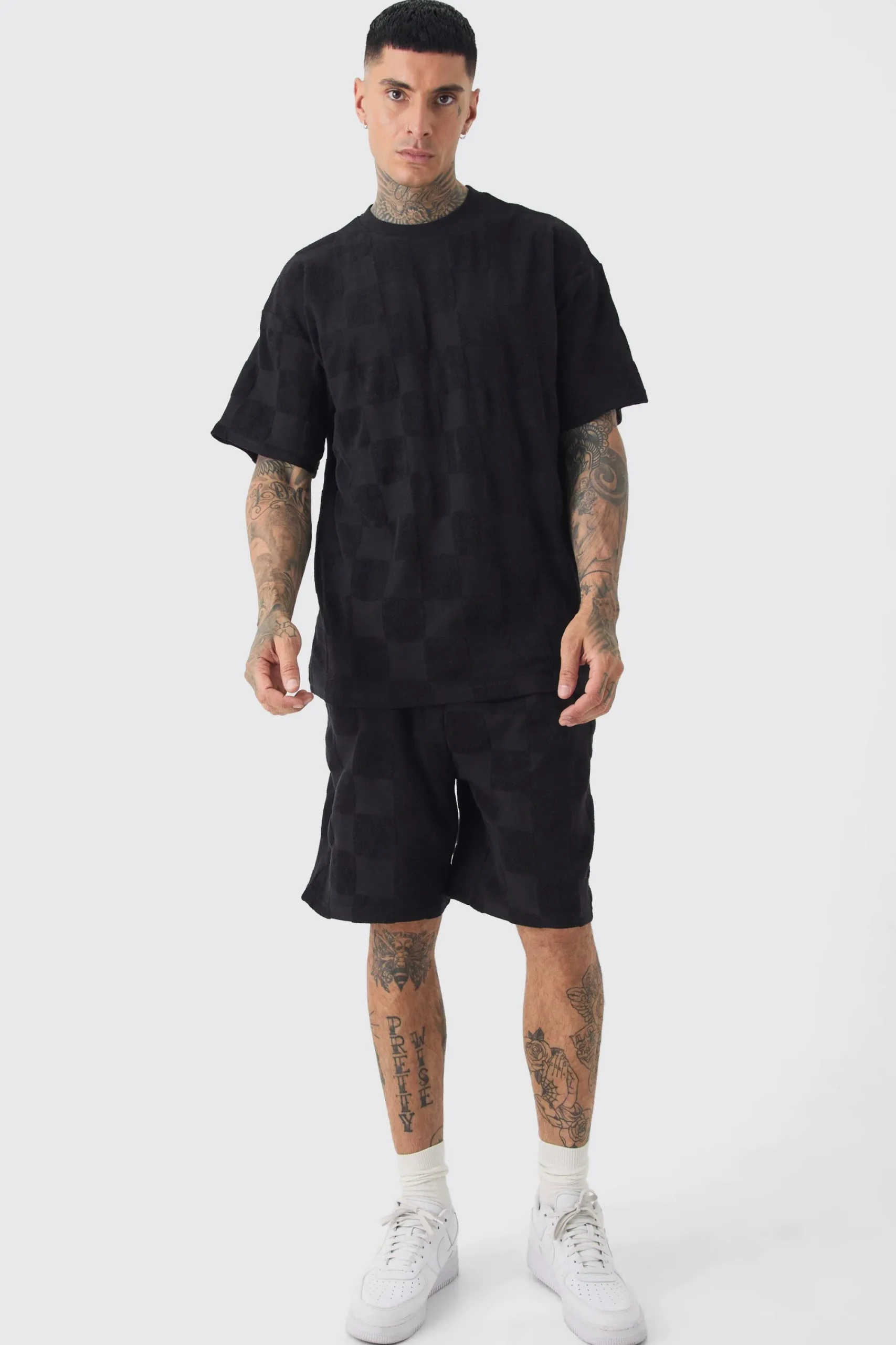 boohooMAN Tall Embossed Checkered Towelling Tee & Short Set In | UK| Tracksuits