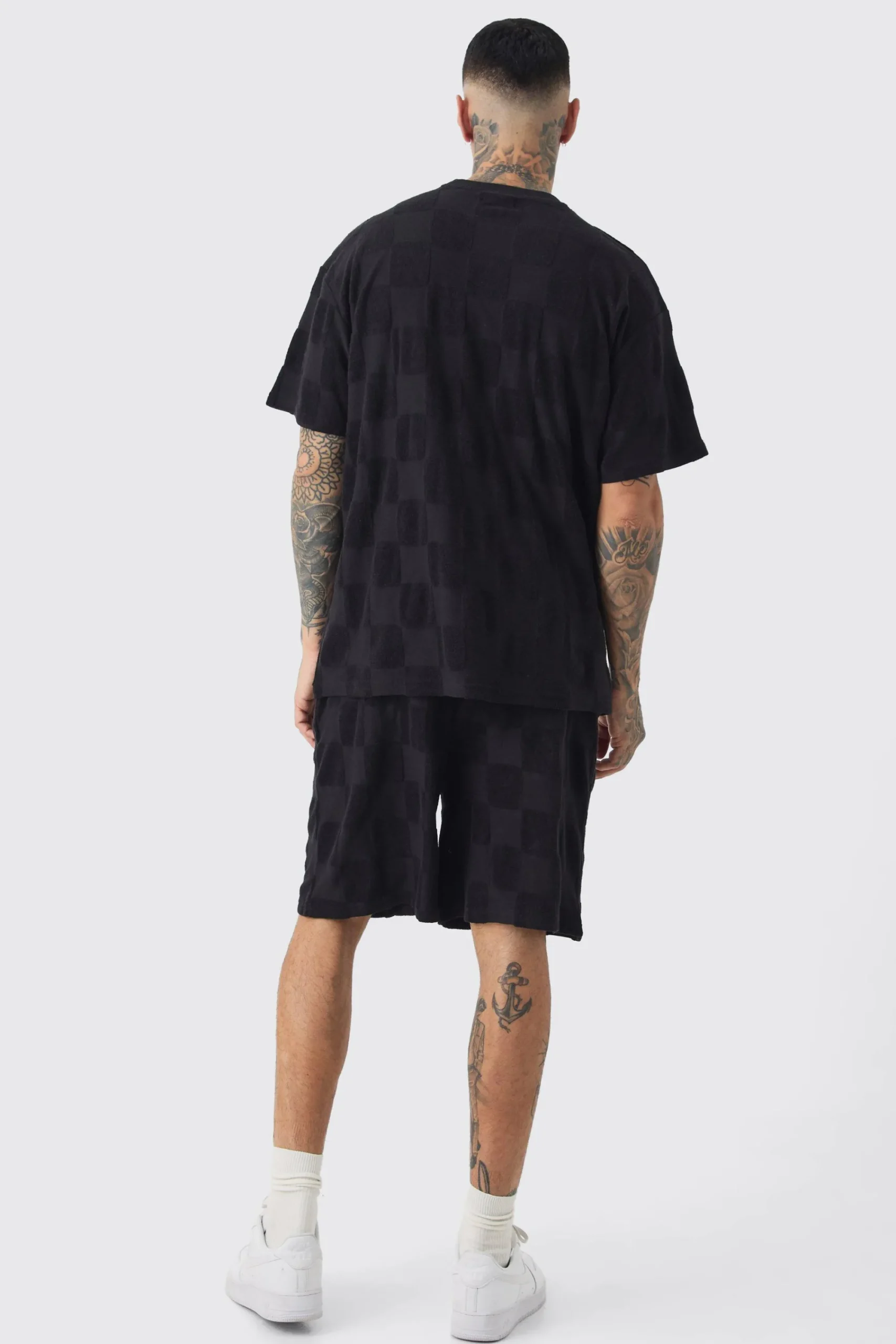 boohooMAN Tall Embossed Checkered Towelling Tee & Short Set In | UK| Tracksuits