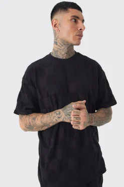 boohooMAN Tall Embossed Checkered Towelling Tee & Short Set In | UK| Tracksuits