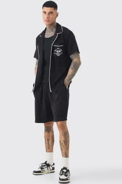 boohooMAN Tall Embroidered Towelling Shirt & Short Set In | UK| Tracksuits