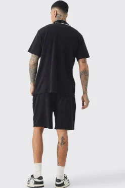 boohooMAN Tall Embroidered Towelling Shirt & Short Set In | UK| Tracksuits