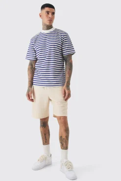 boohooMAN Tall Extended Neck Stripe T-shirt & Short Set | UK| Tracksuits