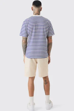 boohooMAN Tall Extended Neck Stripe T-shirt & Short Set | UK| Tracksuits