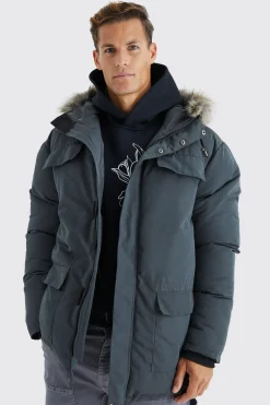 boohooMAN Tall Faux Fur Hooded Arctic Parka Jacket In | UK| Coats & Jackets