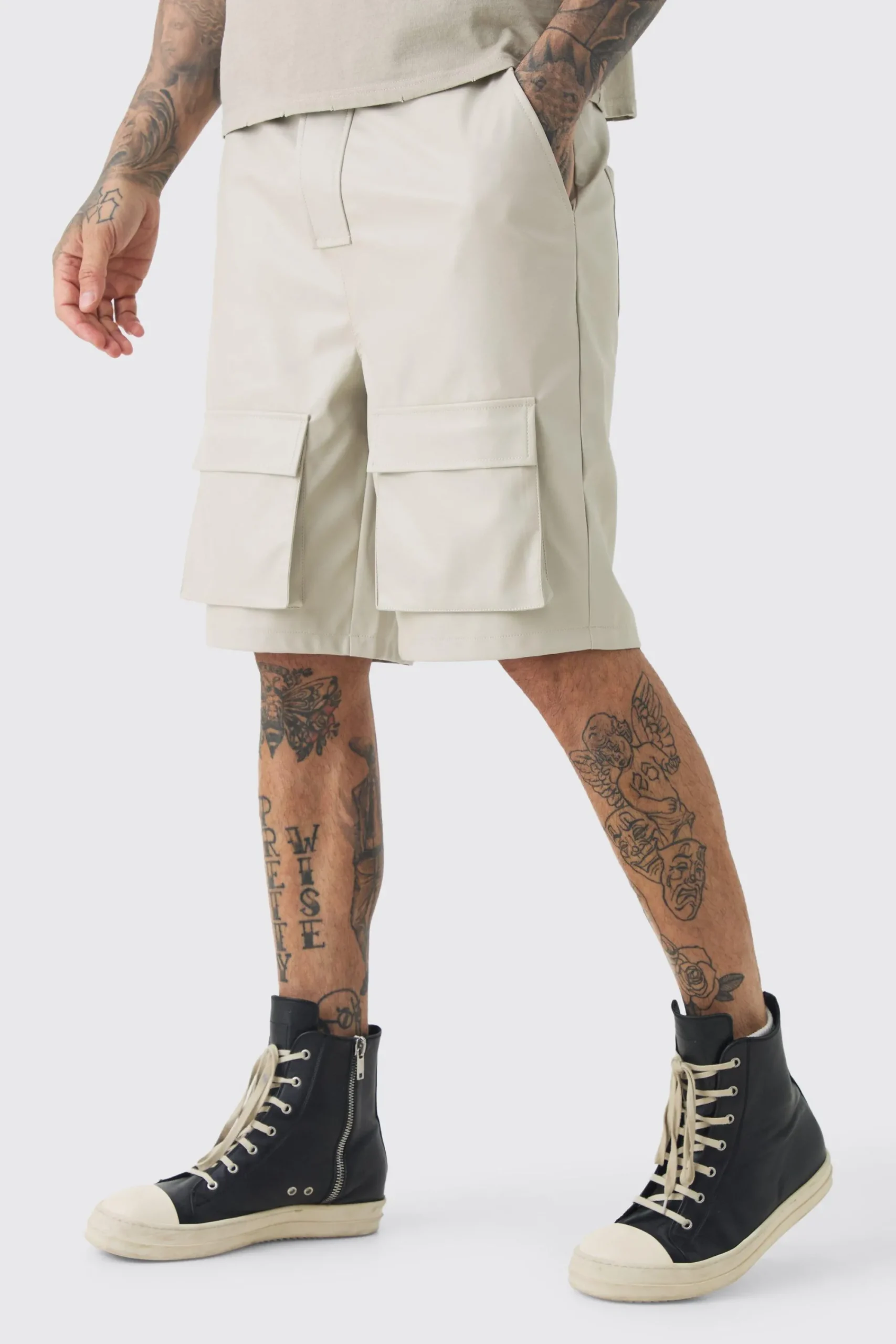 boohooMAN Tall Fixed Waist PU Cargo Short | UK| Shorts