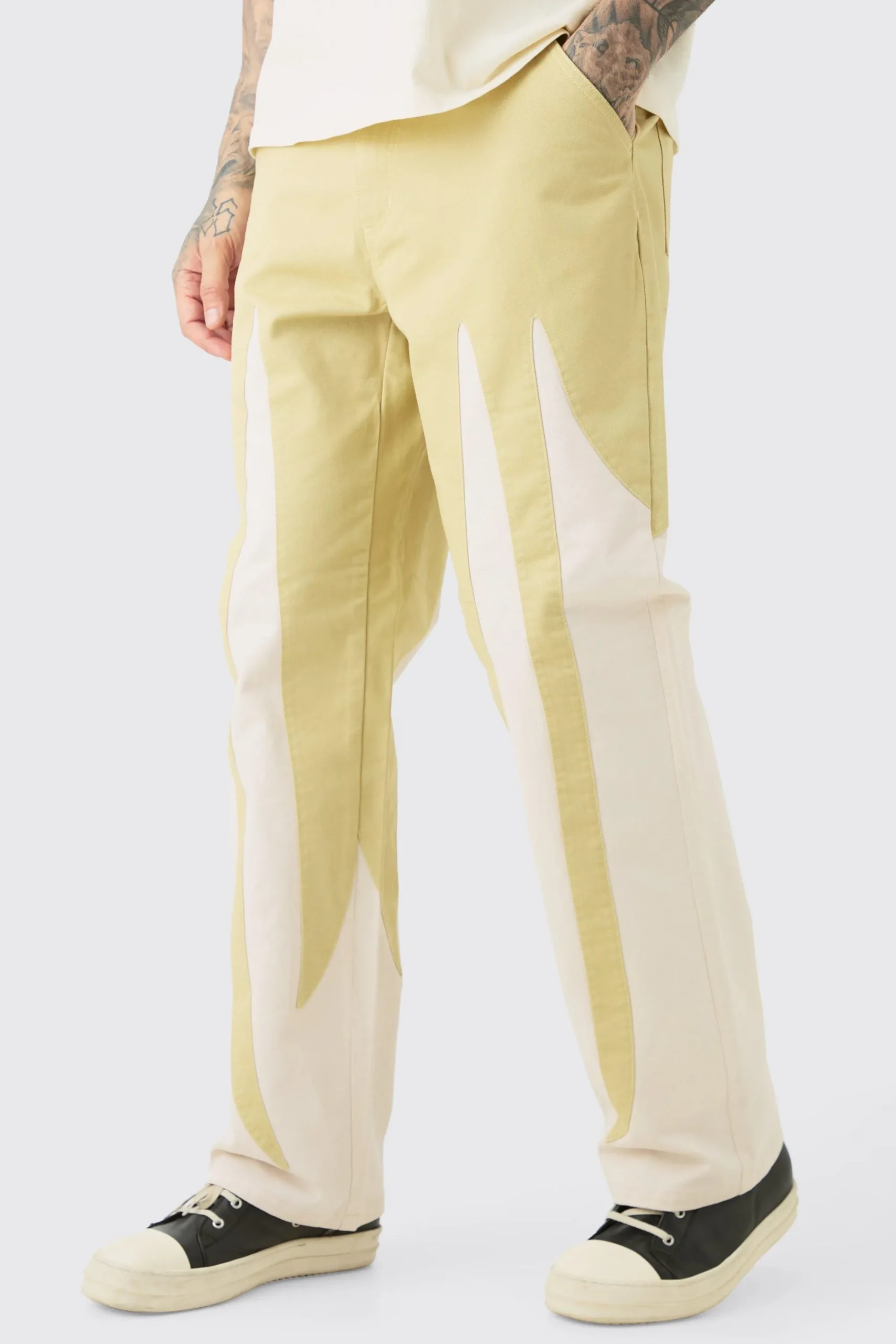 boohooMAN Tall Fixed Waist Washed Colour Block Twill Trouser | UK| Trousers
