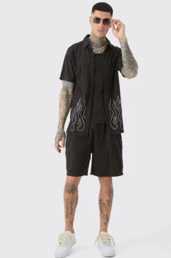 boohooMAN Tall Flame Embroidered Towelling Shirt & Short Set | UK| Tracksuits