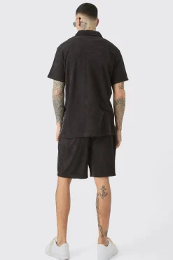 boohooMAN Tall Flame Embroidered Towelling Shirt & Short Set | UK| Tracksuits