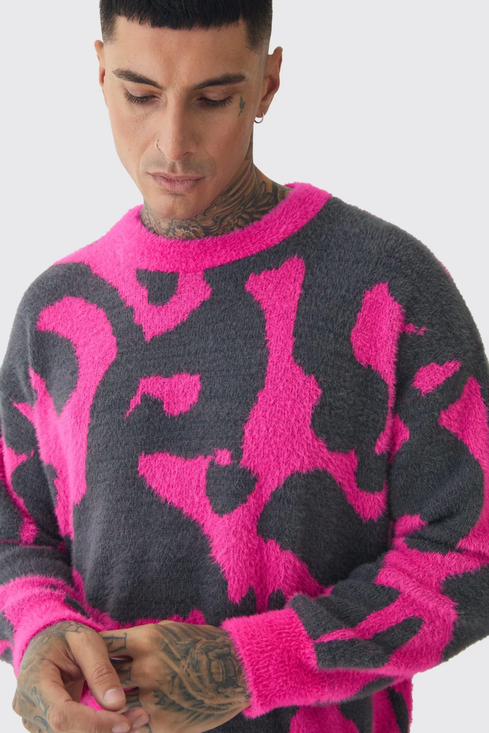 boohooMAN Tall Fluffy Knit Abstract Sweatshirt | UK| Knitwear|Hoodies & Sweatshirts