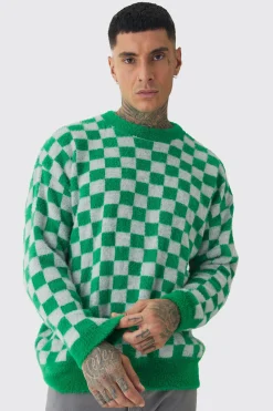 boohooMAN Tall Fluffy Knit Checkered Sweatshirt | UK| Knitwear|Hoodies & Sweatshirts