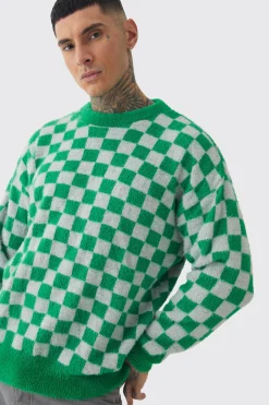 boohooMAN Tall Fluffy Knit Checkered Sweatshirt | UK| Knitwear|Hoodies & Sweatshirts