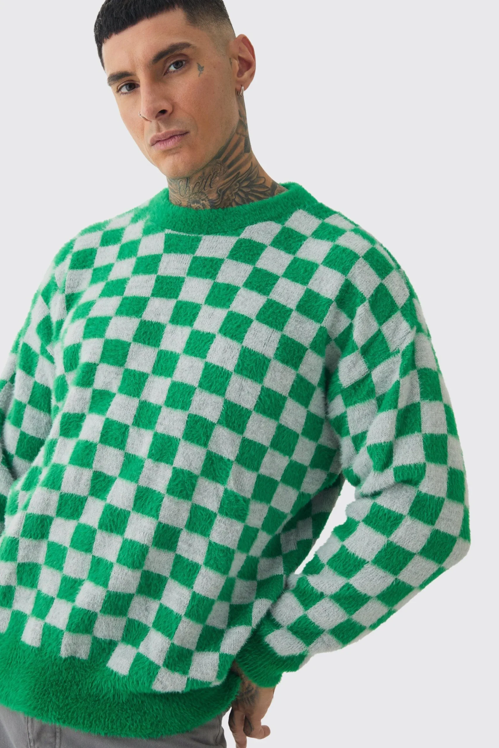 boohooMAN Tall Fluffy Knit Checkered Sweatshirt | UK| Knitwear|Hoodies & Sweatshirts