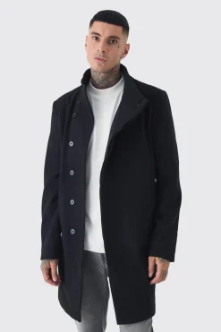 boohooMAN Tall Funnel Neck Wool Look Overcoat In | UK| Coats & Jackets