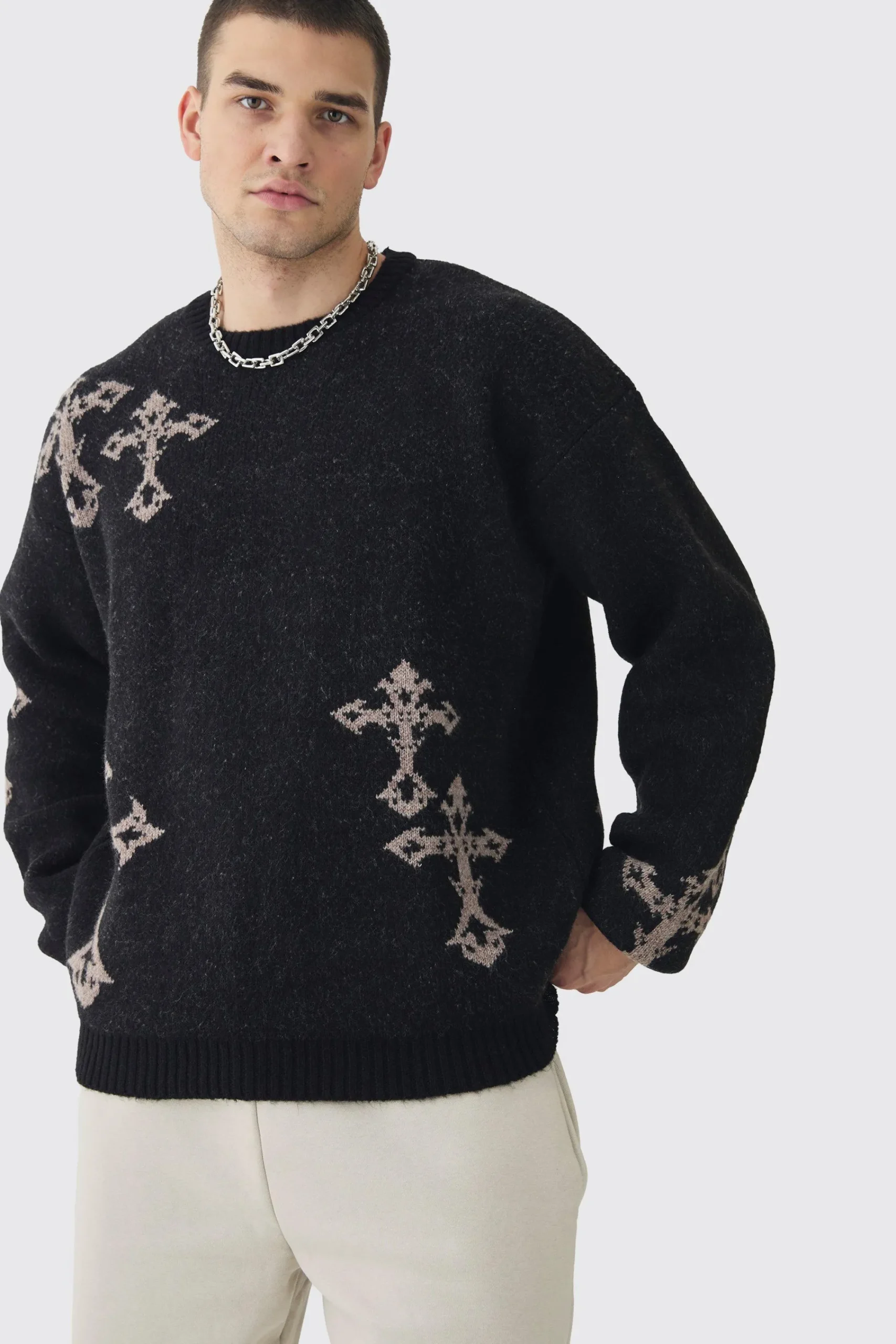 boohooMAN Tall Gothic Cross Oversized Fluffy Knitted Sweat | UK| Knitwear