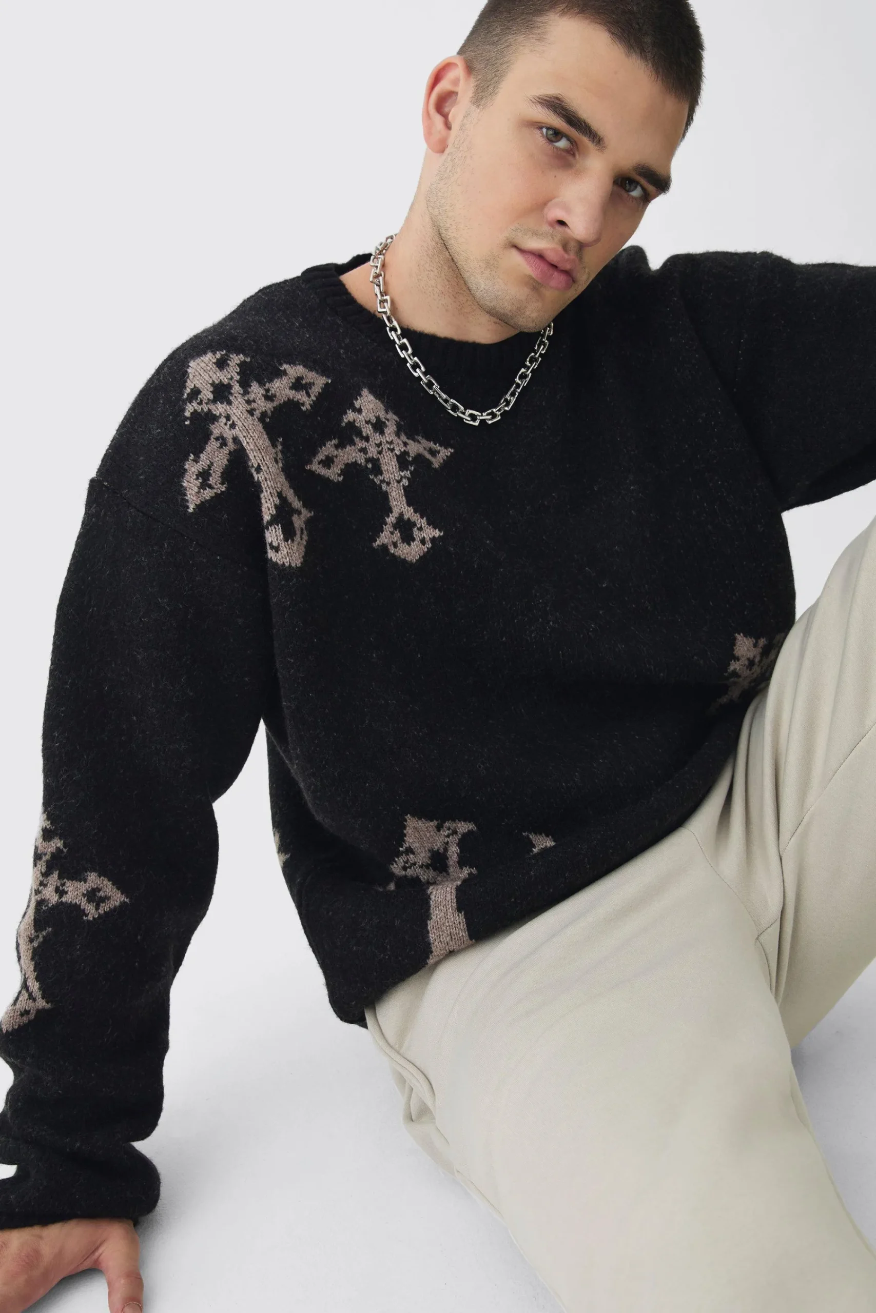 boohooMAN Tall Gothic Cross Oversized Fluffy Knitted Sweat | UK| Knitwear