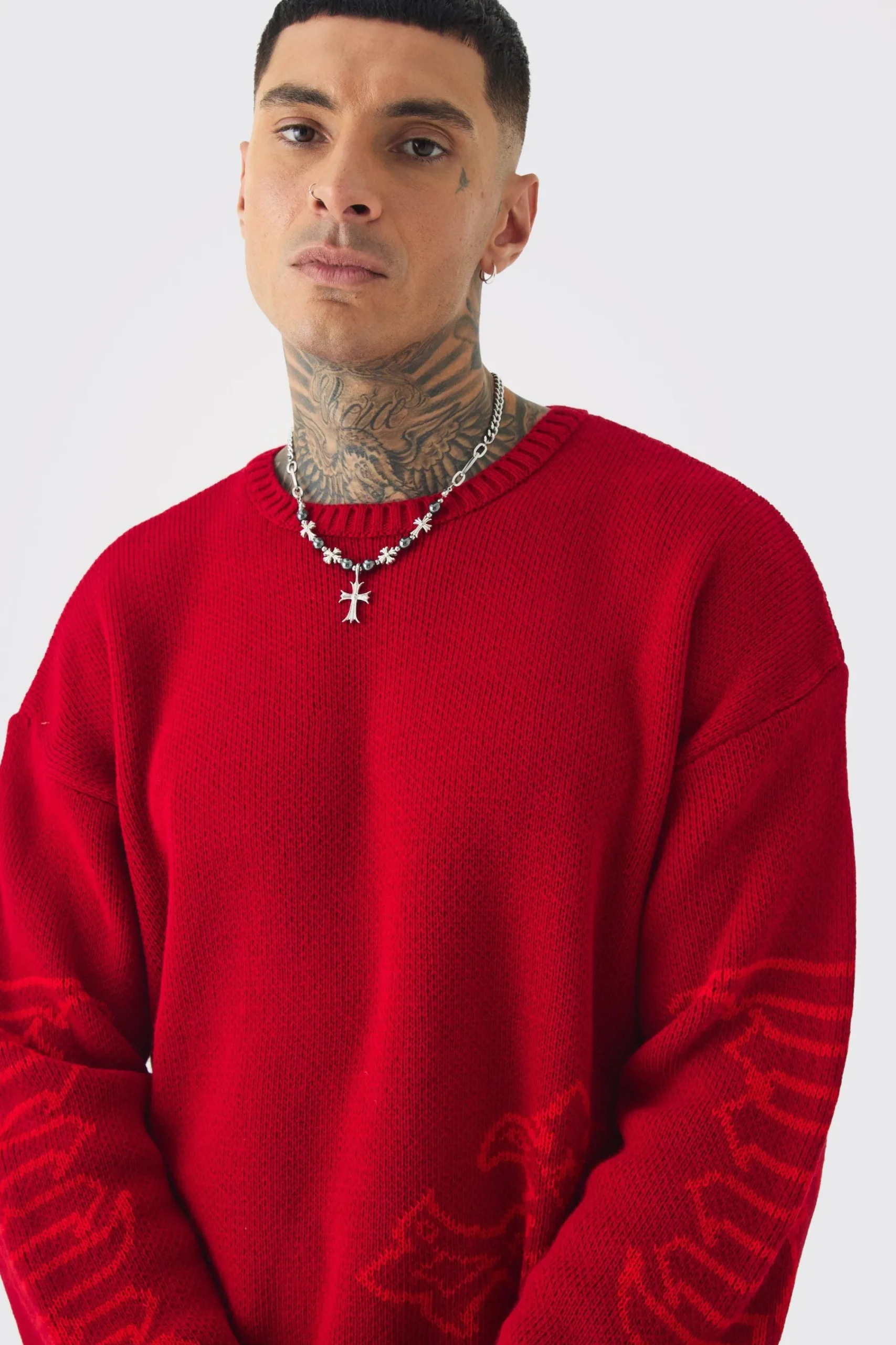 boohooMAN Tall Gothic Cross Oversized Knitted Sweat | UK| Knitwear