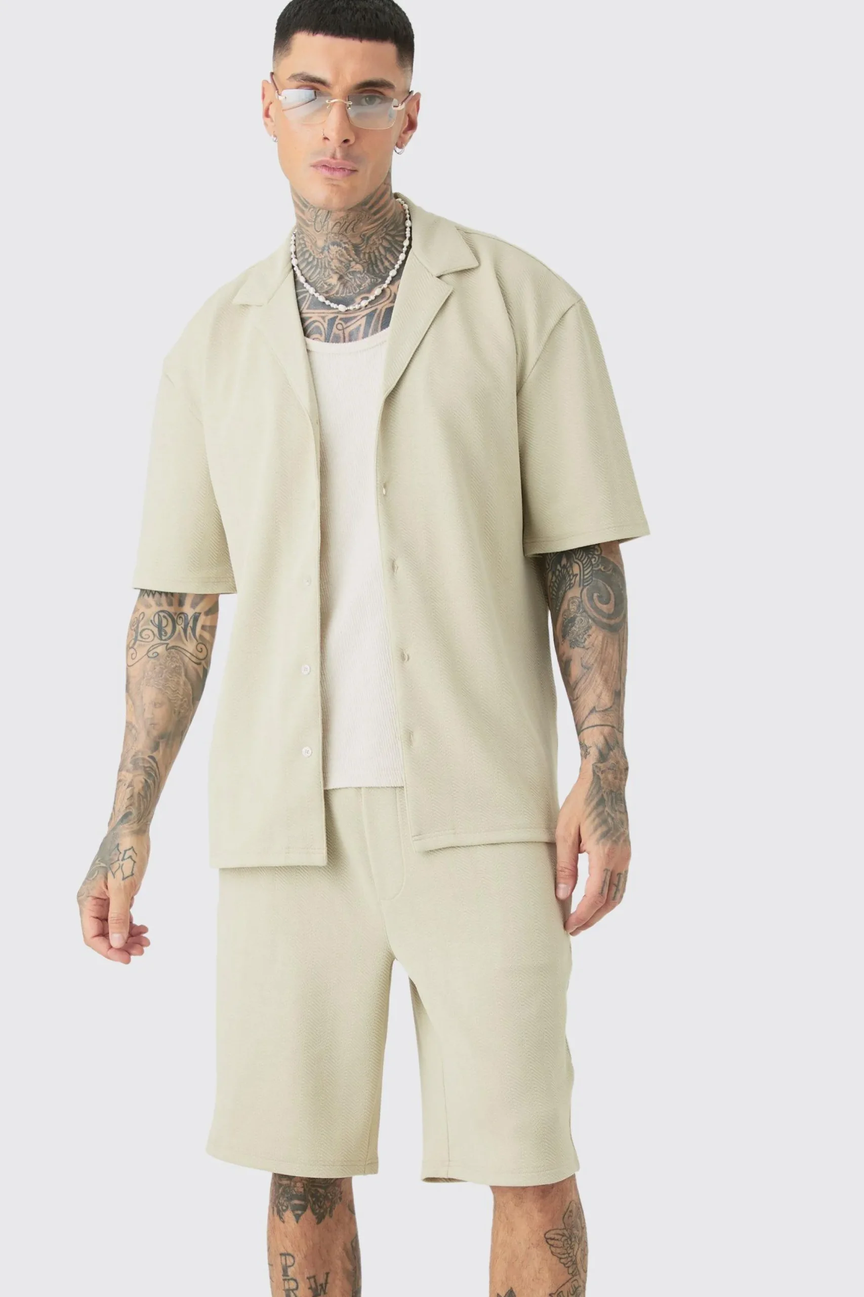 boohooMAN Tall Herringbone Detail Shirt & Short Set In | UK| Sets & Co-Ords