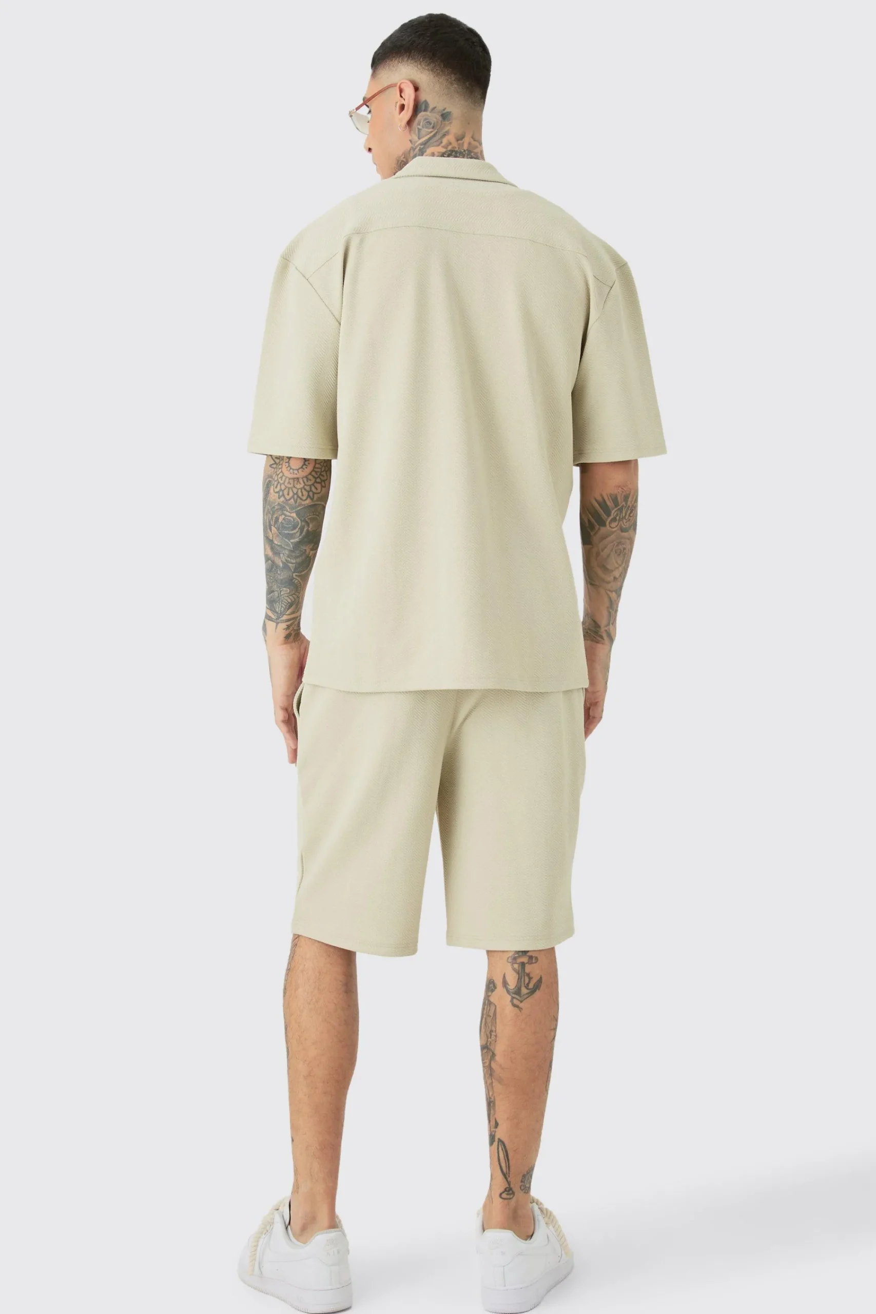 boohooMAN Tall Herringbone Detail Shirt & Short Set In | UK| Sets & Co-Ords