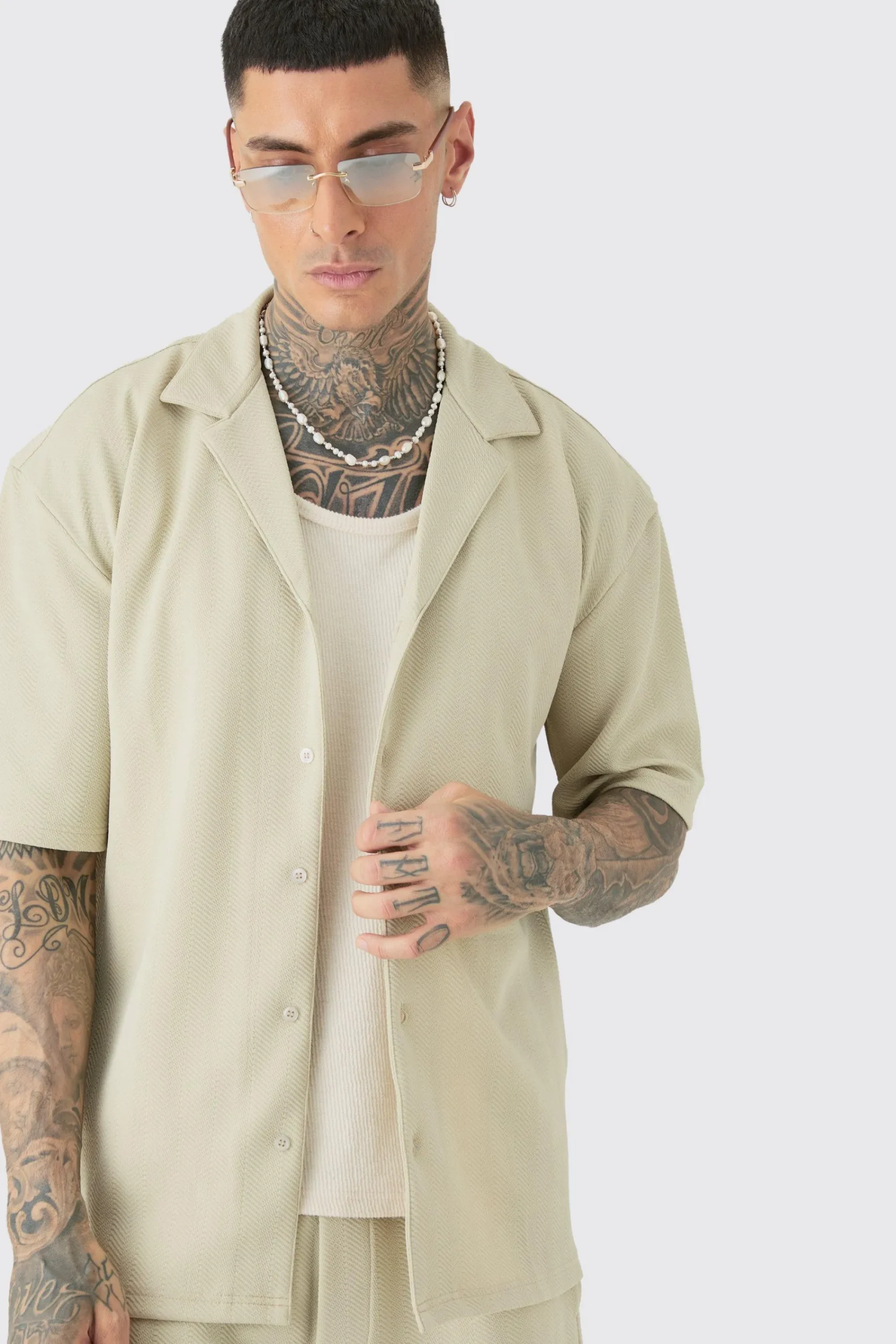 boohooMAN Tall Herringbone Detail Shirt & Short Set In | UK| Sets & Co-Ords