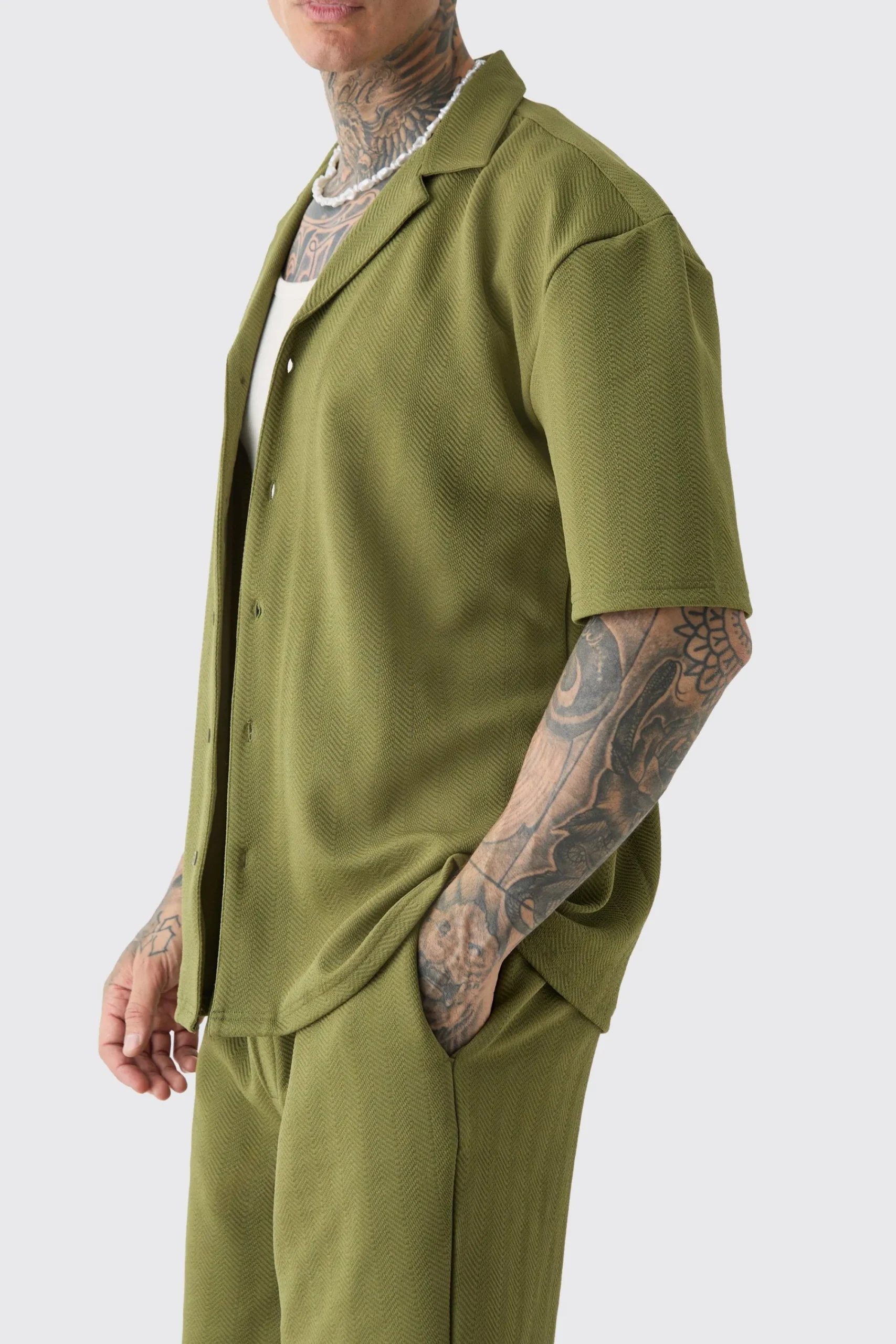 boohooMAN Tall Herringbone Detail Shirt & Short Set In | UK| Sets & Co-Ords