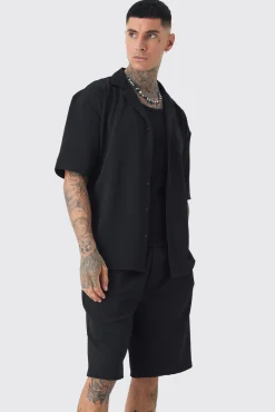 boohooMAN Tall Herringbone Detail Shirt & Short Set In | UK| Sets & Co-Ords