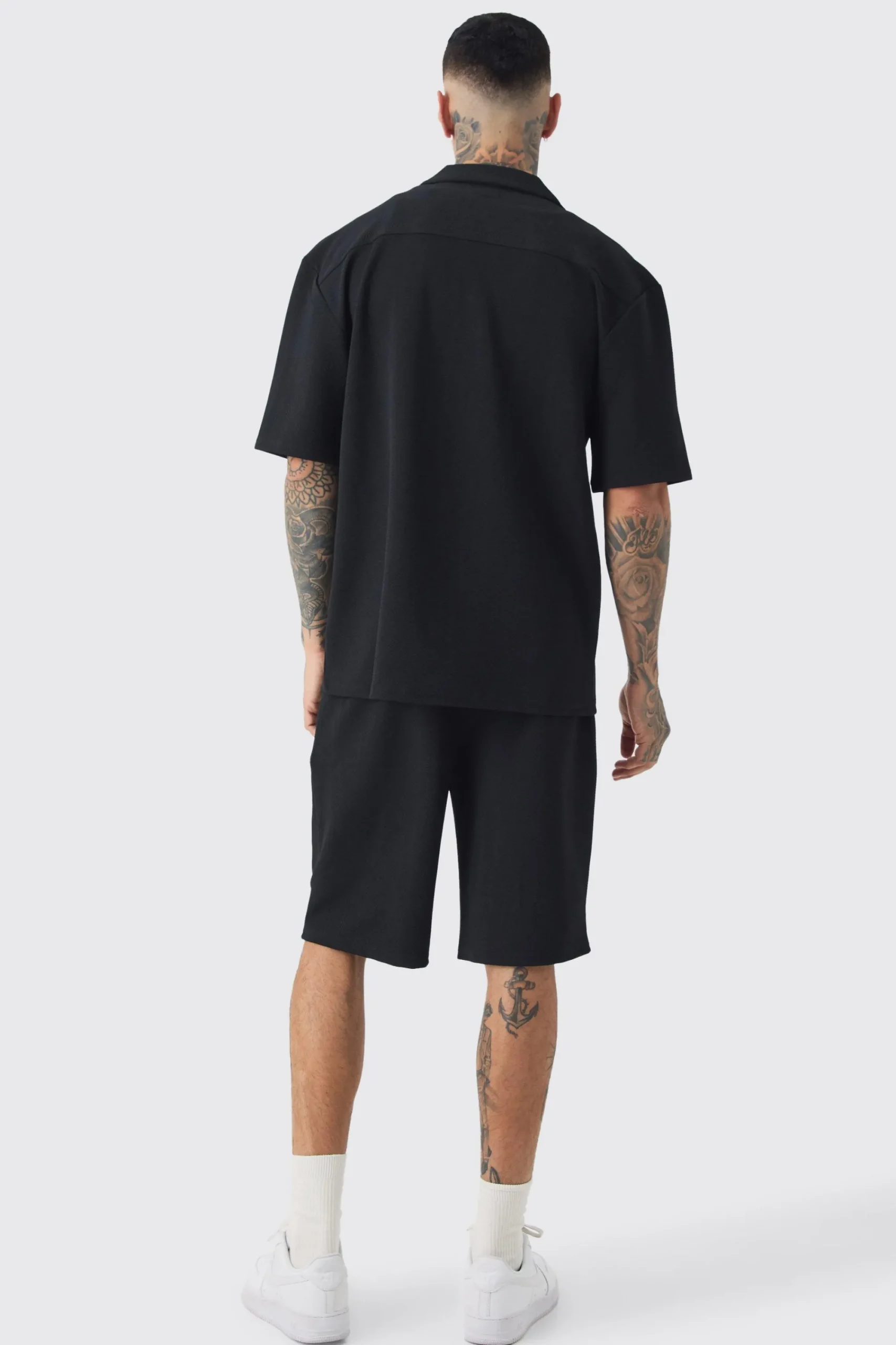 boohooMAN Tall Herringbone Detail Shirt & Short Set In | UK| Sets & Co-Ords