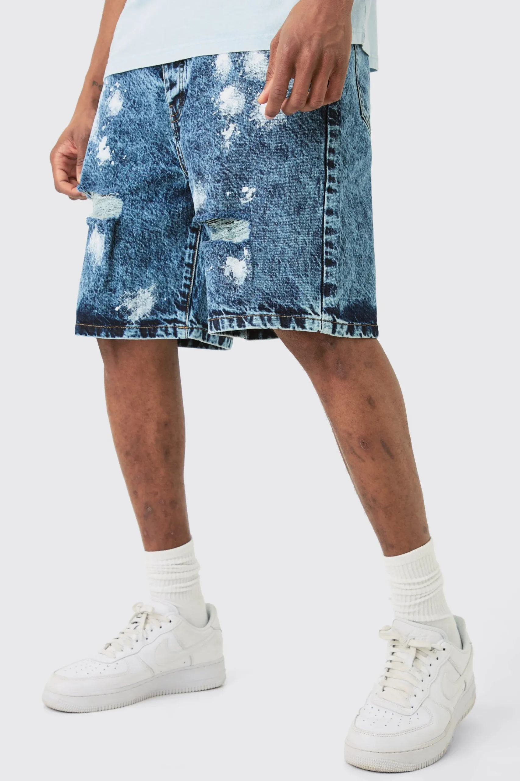 boohooMAN Tall Wash Paint Splatter Relaxed Denim Shorts | UK| Shorts