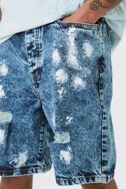 boohooMAN Tall Wash Paint Splatter Relaxed Denim Shorts | UK| Shorts