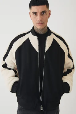 boohooMAN Tall Limited Applique Borg And Melton Bomber Jacket In | UK| Coats & Jackets