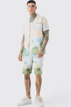 boohooMAN Tall Linen Look Watercolour Landscape Shirt & Short Set | UK| Sets & Co-Ords