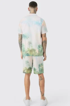 boohooMAN Tall Linen Look Watercolour Landscape Shirt & Short Set | UK| Sets & Co-Ords