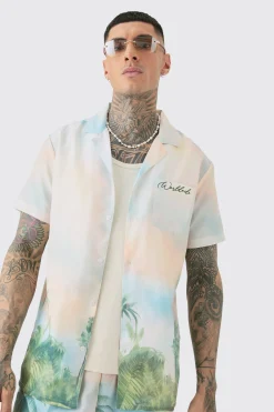 boohooMAN Tall Linen Look Watercolour Landscape Shirt & Short Set | UK| Sets & Co-Ords