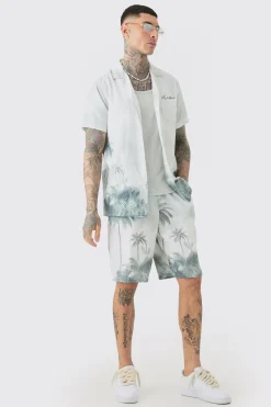 boohooMAN Tall Linen Look Watercolour Landscape Shirt & Short Set | UK| Sets & Co-Ords