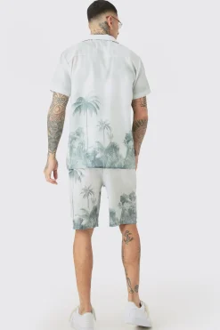 boohooMAN Tall Linen Look Watercolour Landscape Shirt & Short Set | UK| Sets & Co-Ords
