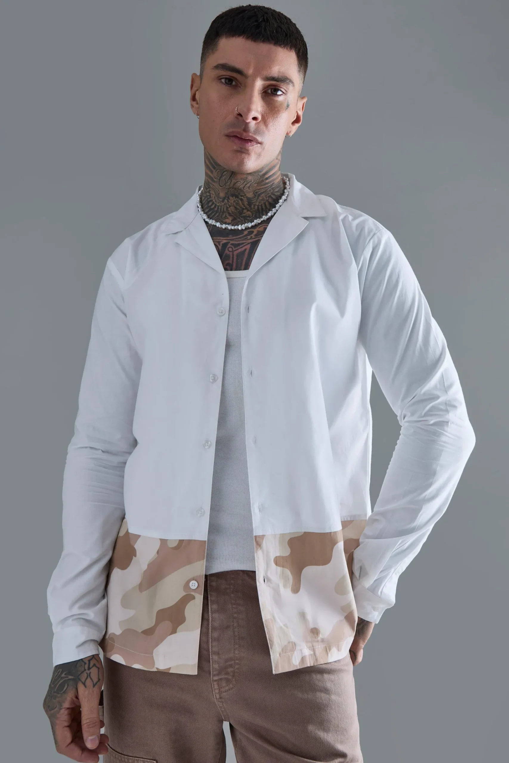 boohooMAN Tall Longsleeve Drop Revere Poplin Camouflage Print Shirt | UK| Shirts