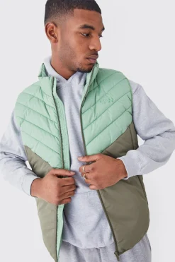 boohooMAN Tall Man Colour Block Quilted Funnel Neck Gilet | UK| Coats & Jackets