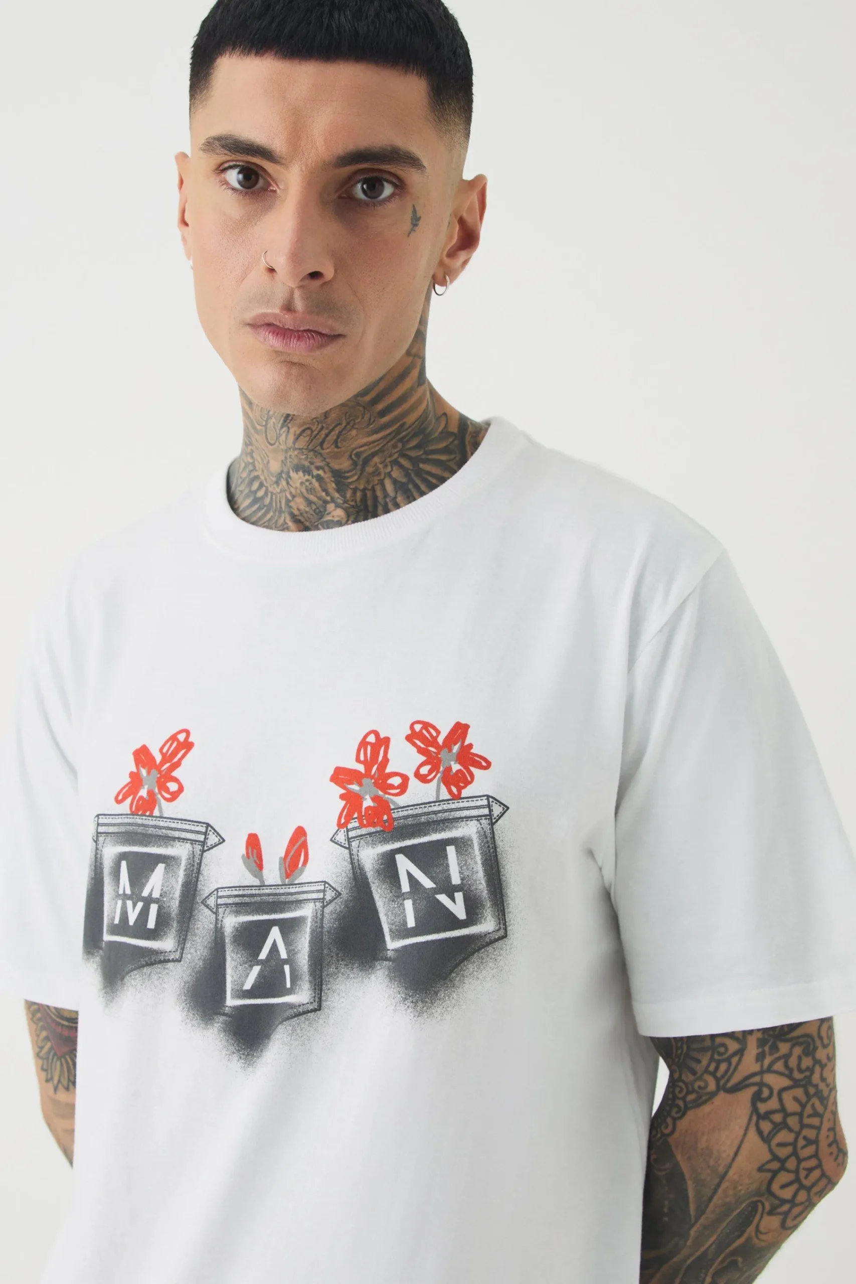 Tall Man Doodle Print Floral Print T-shirt | UK^boohooMAN Best