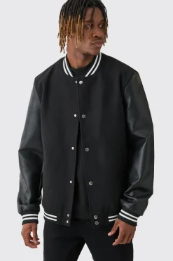 boohooMAN Tall Melton & PU Sleeve Varsity Jacket In | UK| Coats & Jackets
