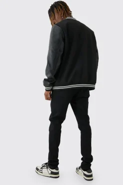 boohooMAN Tall Melton & PU Sleeve Varsity Jacket In | UK| Coats & Jackets
