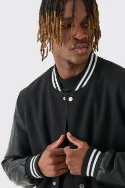 boohooMAN Tall Melton & PU Sleeve Varsity Jacket In | UK| Coats & Jackets