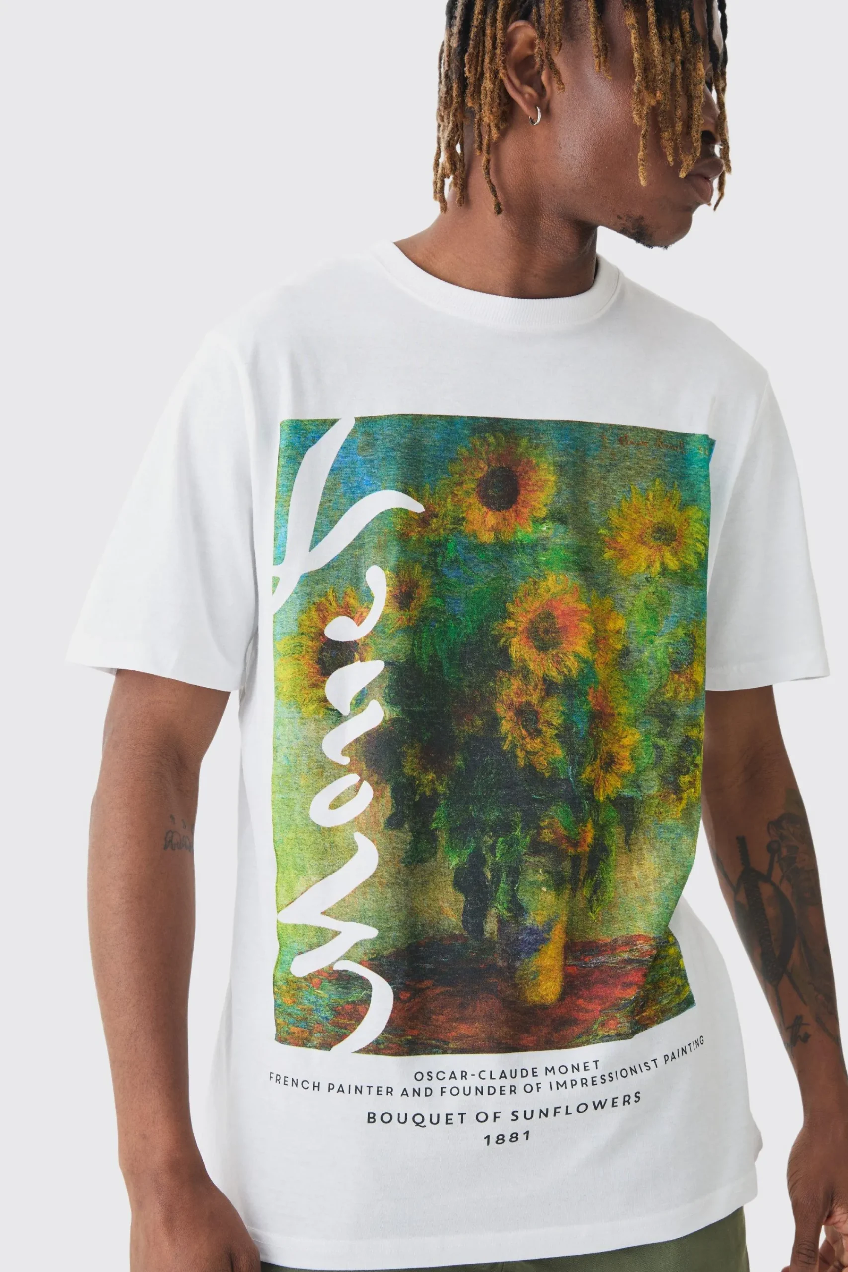 Tall Monet Sunflower Printed Licensed T-shirt In | UK^boohooMAN Online