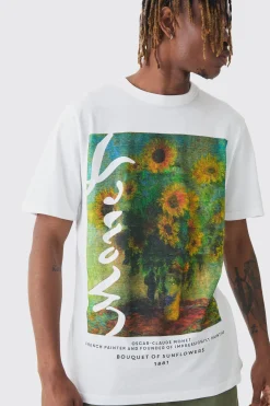 Tall Monet Sunflower Printed Licensed T-shirt In | UK^boohooMAN Online