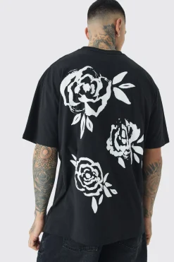 Tall Mono Rose Floral Back Print T-shirt In | UK^boohooMAN