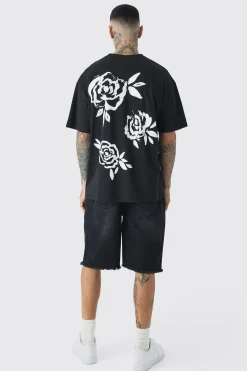 Tall Mono Rose Floral Back Print T-shirt In | UK^boohooMAN