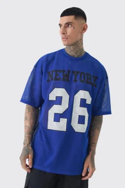 Tall New York Printed Mesh Varsity T-shirt In Blue | UK^boohooMAN