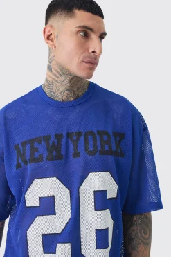 Tall New York Printed Mesh Varsity T-shirt In Blue | UK^boohooMAN