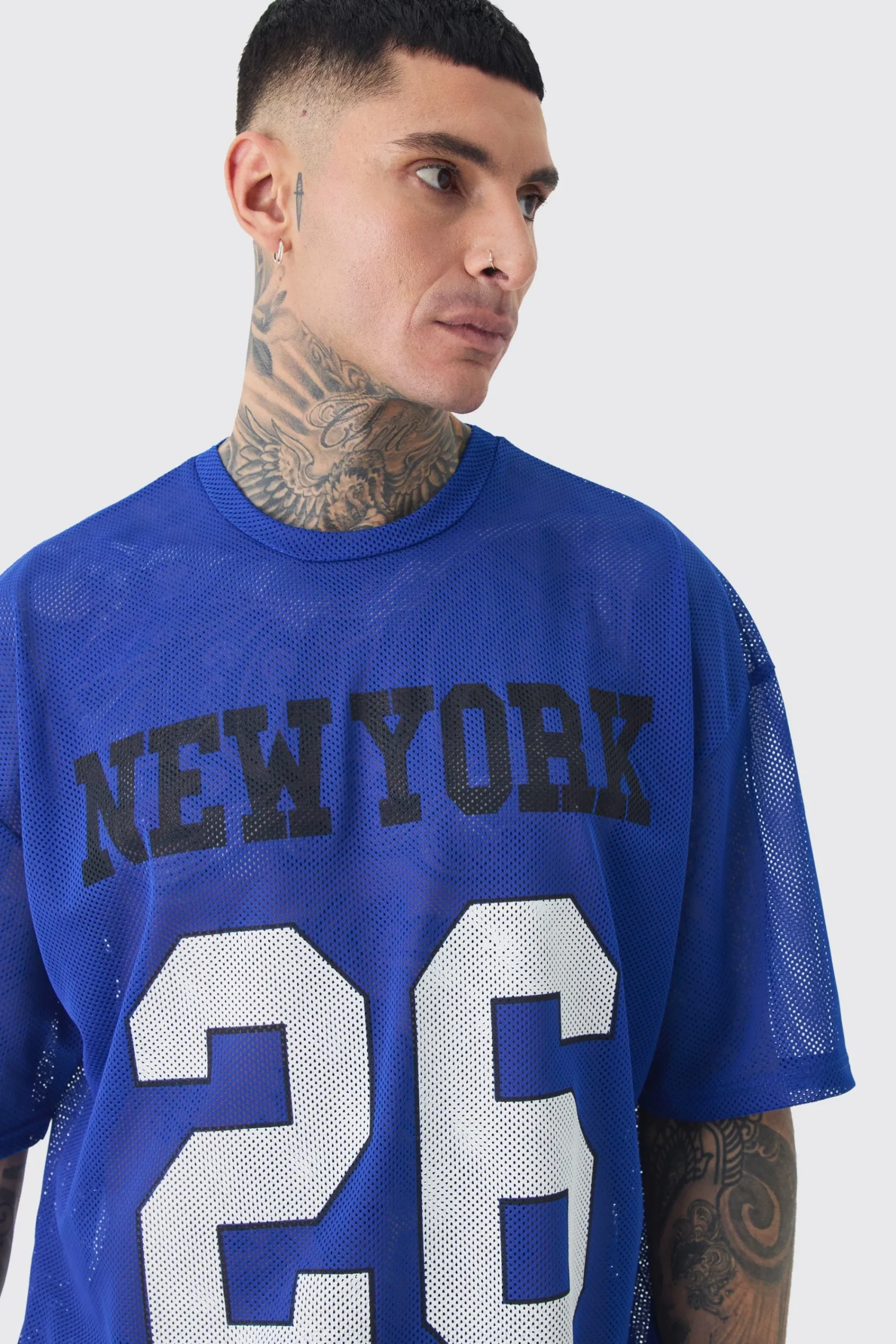 Tall New York Printed Mesh Varsity T-shirt In Blue | UK^boohooMAN