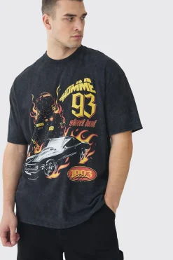 Tall Oversized Acid Washed Moto Print T-Shirt | UK^boohooMAN